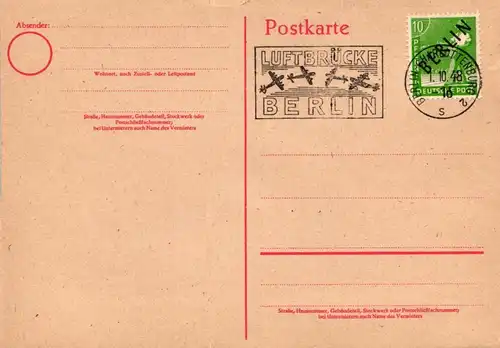 Berlin auf Postkarte ungelaufen mit Luftbrückenstempel #KT716