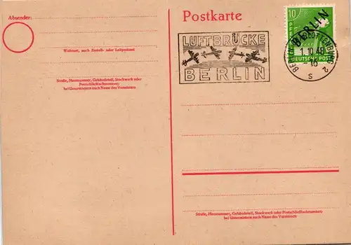 Berlin auf Postkarte ungelaufen mit Luftbrückenstempel #KT724