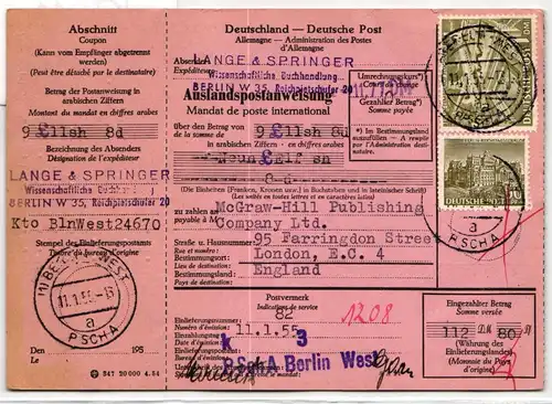 Berlin 53, 57 auf Postkarte komplette Auslandspostanweisung #KT941