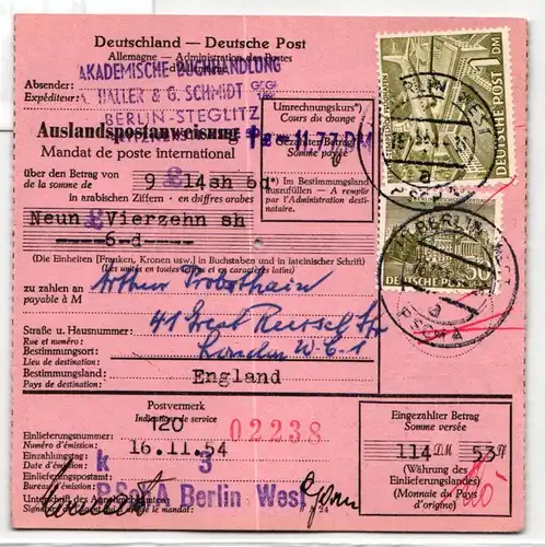 Berlin 53, 57 auf Postkarte auf Auslandspostanweisung #KT945