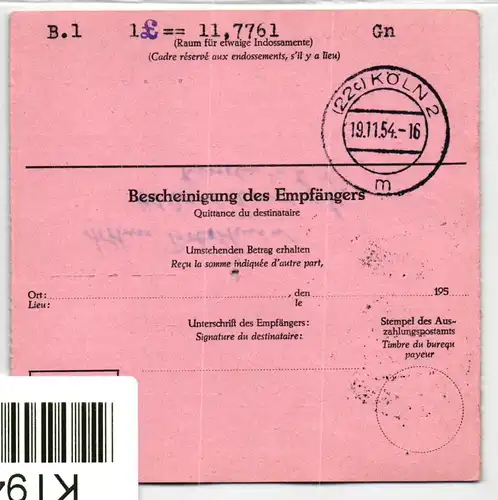 Berlin 53, 57 auf Postkarte auf Auslandspostanweisung #KT945