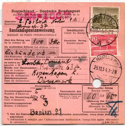 Berlin 53, 112 auf Postkarte auf Auslandspostanweisung #KT937