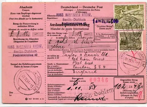 Berlin 53, 57 auf Postkarte komplette Auslandspostanweisung #KT943
