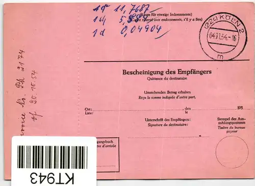 Berlin 53, 57 auf Postkarte komplette Auslandspostanweisung #KT943