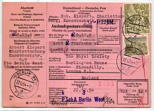 Berlin 53, 57 auf Postkarte komplette Auslandspostanweisung #KT942
