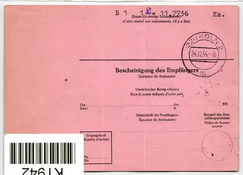 Berlin 53, 57 auf Postkarte komplette Auslandspostanweisung #KT942