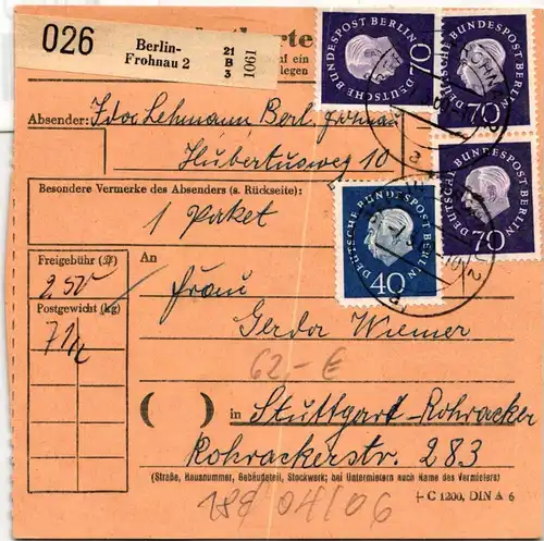 Berlin 186 u.a. auf Postkarte Paketkarte #KW022