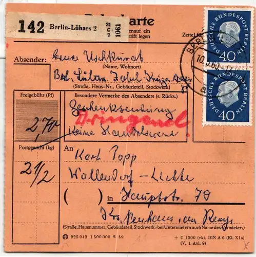 Berlin 185 u.a. auf Postkarte Paketkarte #KW023