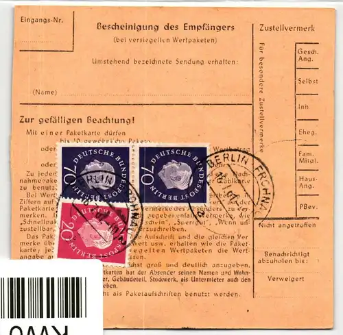 Berlin 186 u.a. auf Postkarte Paketkarte #KW017