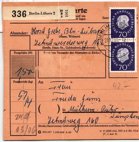 Berlin 186 u.a. auf Postkarte Paketkarte #KW016