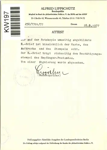Berlin 20 auf Brief Einschreiben, Attest Lippschütz #KW197
