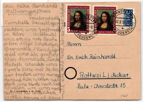 BRD Bund 148 auf Postkarte als Mehrfachfrankatur portogerecht #KW425