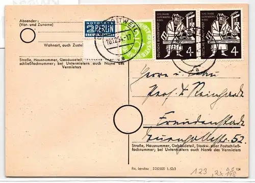 BRD Bund 198 u.a. auf Postkarte als Mischfrankatur portogerecht #KW621