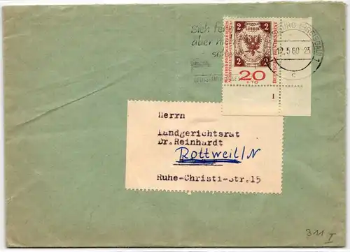 BRD Bund 310 FN 1 auf Brief als Einzelfrankatur portogerecht #KW635