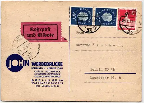 Berlin 185, 187 auf Postkarte als Mischfrankatur Rohrpost Berlin #KY853