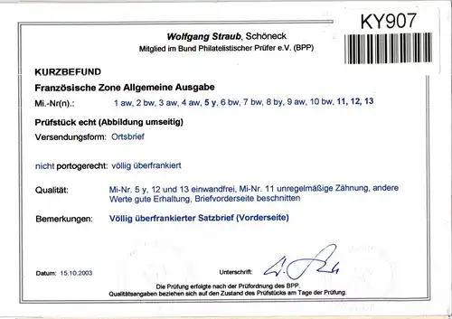 Französische Zone Allgemeine Ausgabe 1-13 auf Brief Kurzbefund Straub BPP #KY907