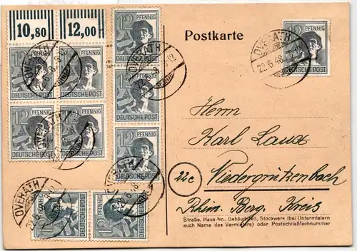 Alliierte Besetzung 947 auf Postkarte 10 fach Frankatur #KY994