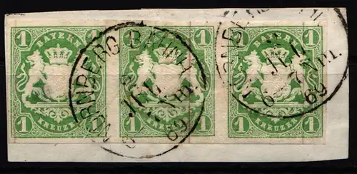 Bayern 14 gestempelt 3er Streifen auf Briefstück #NC079