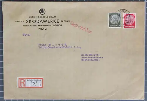 Deutsches Reich 523, 519 auf Brief Deutsche Dienstpost Böhmen Mähren #KT615