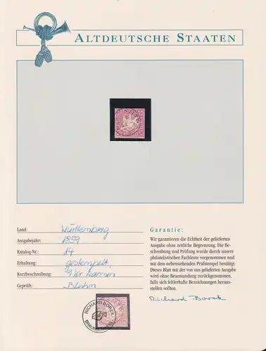 Württemberg 14 gestempelt Borek Garantie #KZ174