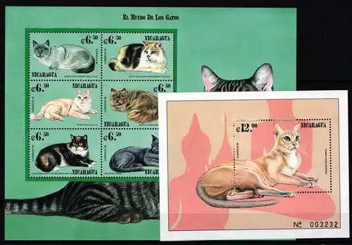 Nicaragua 4116-4121 und Block 299 postfrisch Kleinbogen / Katze #KC233