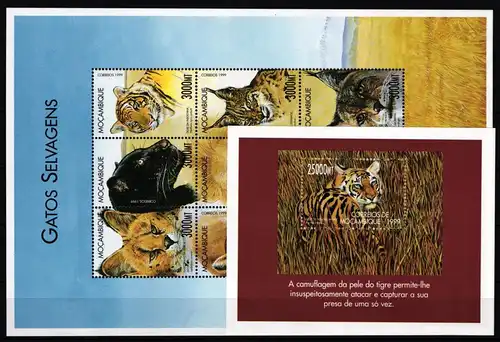 Mosambik 1746-1754 und Block 63 postfrisch Kleinbogen / Tiger #KC238