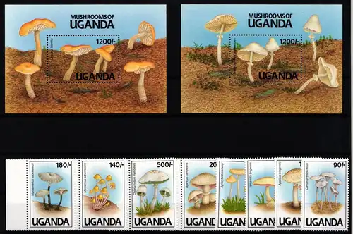 Uganda 950-957 und Block 146 und 147 postfrisch Pilze #KC453