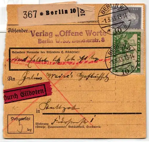 Deutsches Reich 364 u.a. auf Postkarte als Mischfrankatur Paketkarte #NA790