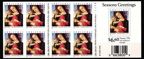 USA F-Bl. 60 postfrisch Folienblatt 60 Weihnachten (Maria mit Kind) #KV257