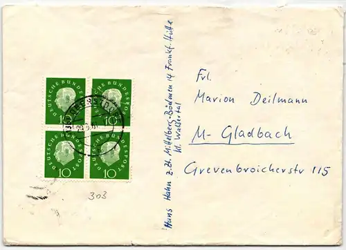 BRD Bund 303 auf Brief 4er Block mit stärkeren Mängeln #NB489