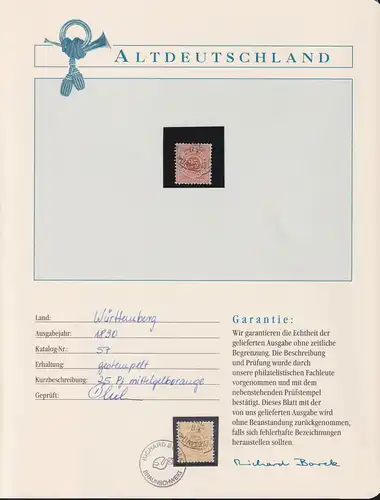 Württemberg 57 gestempelt auf Borekseite + Garantie #NH247