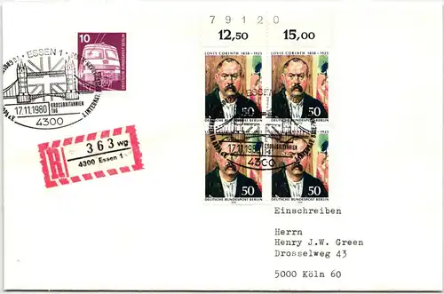 Berlin 509 auf Brief als Mischfrankatur 4er Block mit Bogenzähler #NG329