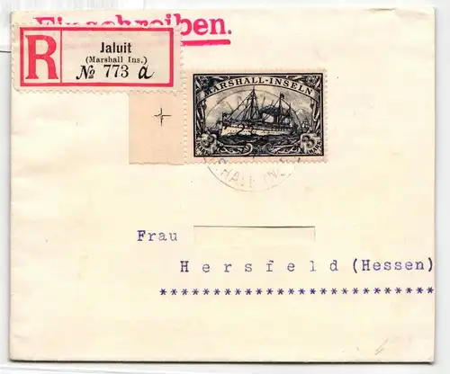 Deutsche Kolonien Marshall-Inseln 24 auf Brief leicht beschädigt #NA755