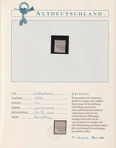 Altdeutschland Württemberg 49 gestempelt mit Borek Garantie #ND988