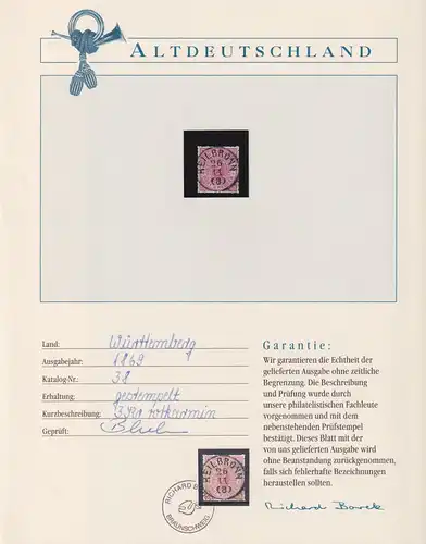 Altdeutschland Württemberg 38 gestempelt Borek Garantie #ND963