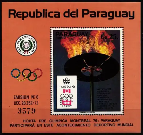 Paraguay Block 221 postfrisch Olympisches Feuer #ND182