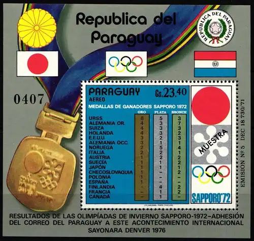 Paraguay Block 192 postfrisch Sapporo Medaillengewinner, Muster #ND282