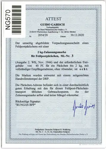 Deutsches Reich Feldpost 3 auf Brief Päckchenaus., Attest Gabisch BPP #NG570
