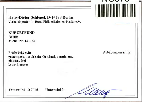 Berlin 64-67 gestempelt Kurzbefund Schlegel BPP #NG575