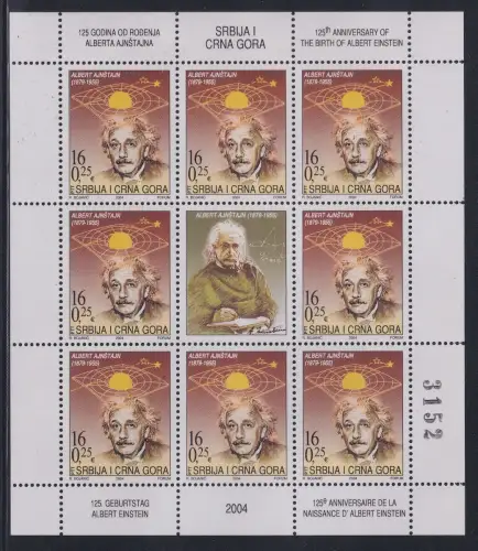 Jugoslawien 3193 postfrisch als Kleinbogen, Albert Einstein #NE491
