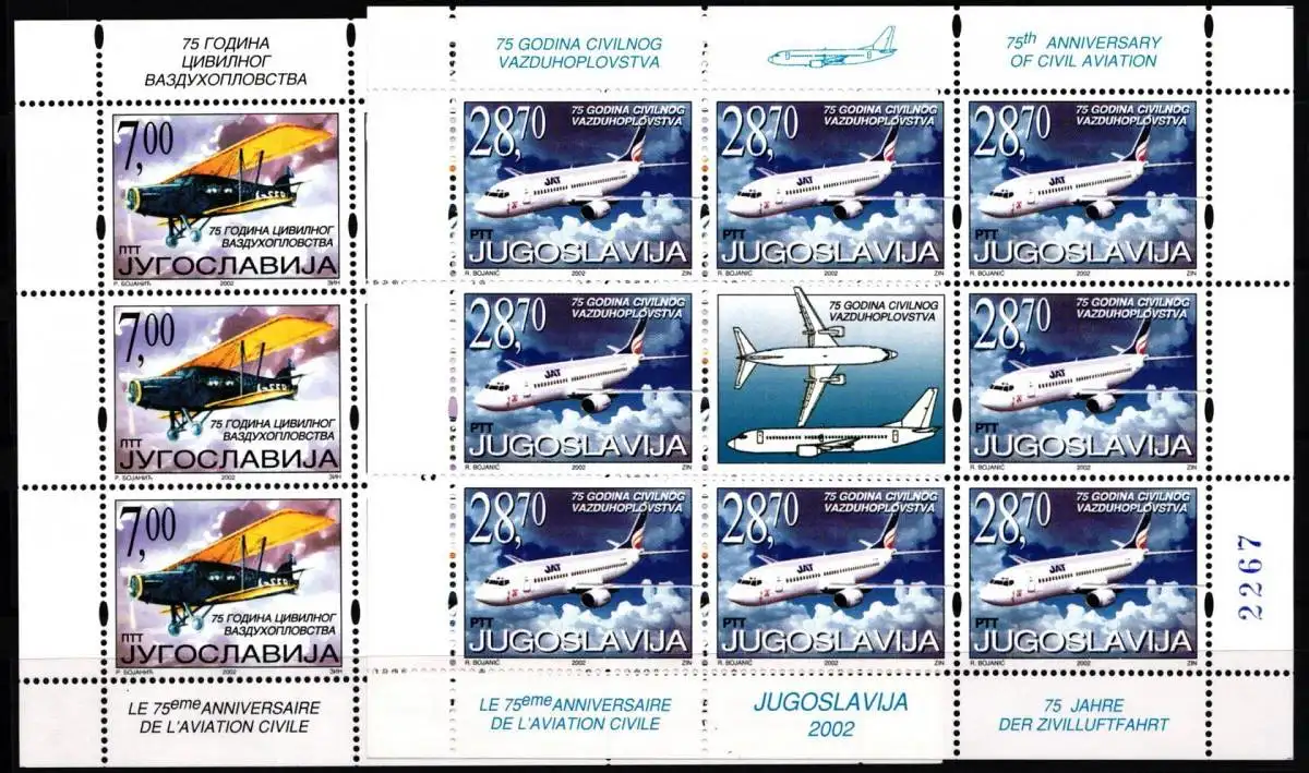 Jugoslawien 3079-3080 postfrisch als Kleinbögen, Flugzeuge #NE558
