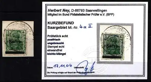 Saargebiet 4a II gestempelt auf Briefpapier mit Kurzbefund Ney #NA909