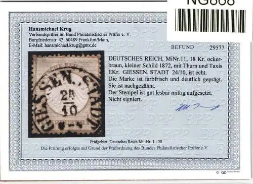 Deutsches Reich 11 gestempelt Befund Krug BPP, leichte Mängel #NG868