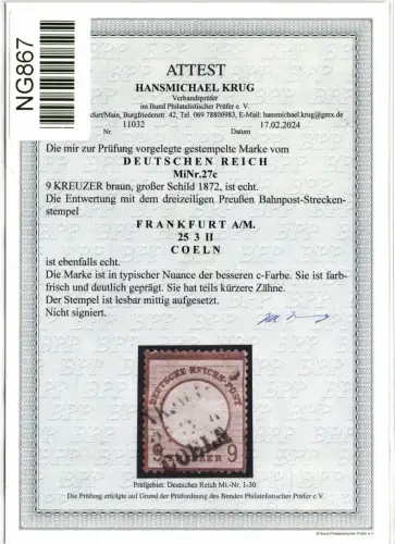 Deutsches Reich 27 c gestempelt Attest Krug BPP, leichte Mängel #NG867