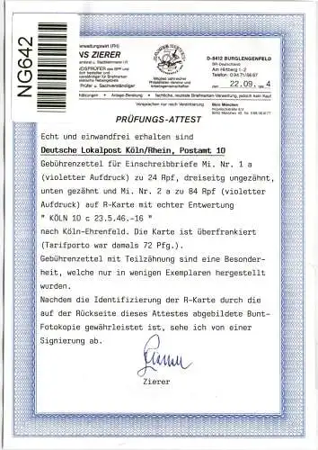 Deutsche Lokalausgaben Köln 1a-2a auf Postkarte Attest Zierer #NG642