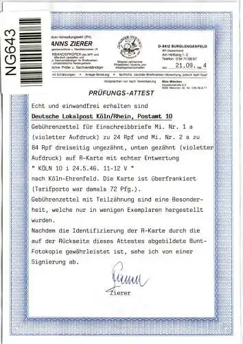 Deutsche Lokalausgaben Köln 1a-2a auf Postkarte Attest Zierer #NG643