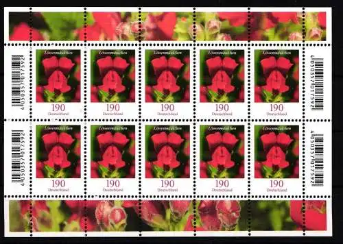 BRD 3474 postfrisch als Kleinbogen mit EAN, Dauerserie Blumen, Nominale #GL504