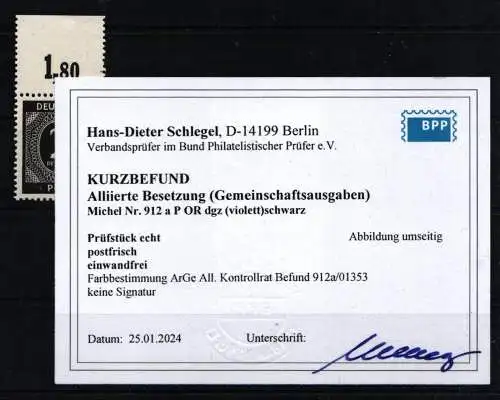 Alliierte Besetzung 912 a P OR dgz postfrisch Farbbest. Arge, KB Schlegel #NJ241