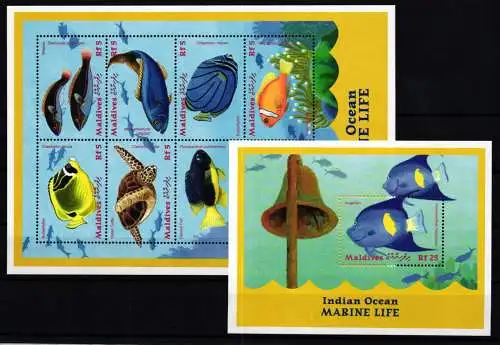 Malediven 3564-3571 und Block 466 postfrisch Kleinbogen / Fische #KC614