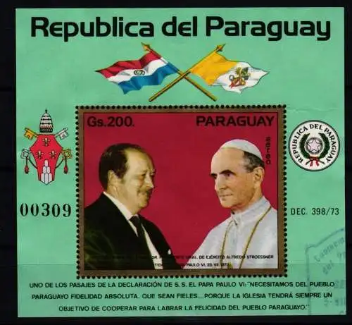 Paraguay Block 223 gestempelt Papst Paul VI #KC754